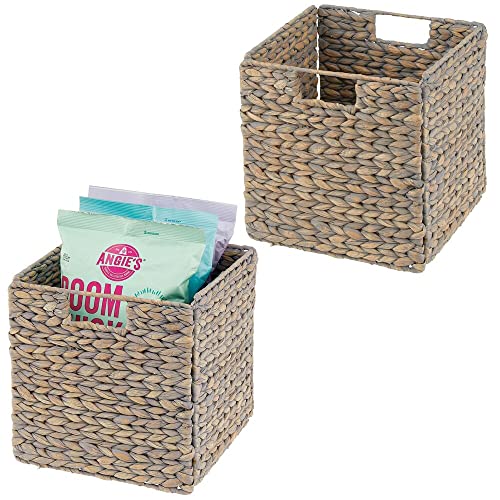 mDesign Natural Woven Hyacinth Cube Storage Bin Basket Organizer with Handles for Kitchen Pantry, Cabinet, Cupboard, Shelf/Cubby Organization, Hold Food, Drinks, Snacks, Appliances, 2 Pack, Gray Wash