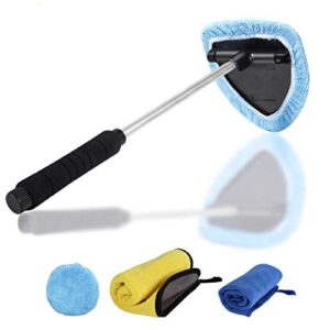 windshield wiper tool extendable handle w/ reusable microfiber bonnets towel,portable auto cleaning kit interior exterior,5 in 1 car brush duster glass cleaner set for vehicle home