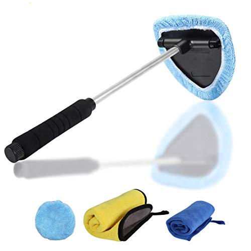 Windshield Wiper Tool Extendable Handle w/ Reusable Microfiber Bonnets Towel,Portable Auto Cleaning kit Interior Exterior,5 in 1 Car Brush Duster Glass Cleaner Set for Vehicle Home