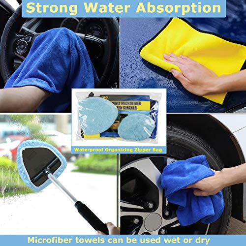 Windshield Wiper Tool Extendable Handle w/ Reusable Microfiber Bonnets Towel,Portable Auto Cleaning kit Interior Exterior,5 in 1 Car Brush Duster Glass Cleaner Set for Vehicle Home