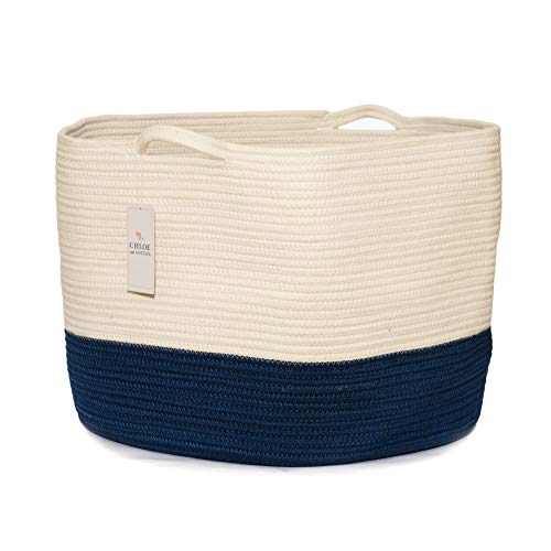 Chloe and Cotton XXXL Extra Large Woven Rope Storage Basket 15 x 21 inch Navy White Handles | Decorative Laundry Clothes Hamper, Blanket, Towel, Baby Nursery Diaper, Toy Bin Cute Collapsible Organizer