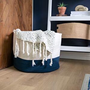 Chloe and Cotton XXXL Extra Large Woven Rope Storage Basket 15 x 21 inch Navy White Handles | Decorative Laundry Clothes Hamper, Blanket, Towel, Baby Nursery Diaper, Toy Bin Cute Collapsible Organizer