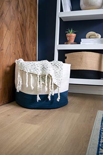 Chloe and Cotton XXXL Extra Large Woven Rope Storage Basket 15 x 21 inch Navy White Handles | Decorative Laundry Clothes Hamper, Blanket, Towel, Baby Nursery Diaper, Toy Bin Cute Collapsible Organizer