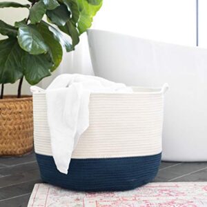 Chloe and Cotton XXXL Extra Large Woven Rope Storage Basket 15 x 21 inch Navy White Handles | Decorative Laundry Clothes Hamper, Blanket, Towel, Baby Nursery Diaper, Toy Bin Cute Collapsible Organizer