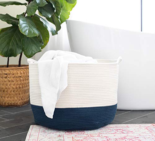 Chloe and Cotton XXXL Extra Large Woven Rope Storage Basket 15 x 21 inch Navy White Handles | Decorative Laundry Clothes Hamper, Blanket, Towel, Baby Nursery Diaper, Toy Bin Cute Collapsible Organizer