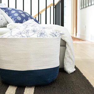 Chloe and Cotton XXXL Extra Large Woven Rope Storage Basket 15 x 21 inch Navy White Handles | Decorative Laundry Clothes Hamper, Blanket, Towel, Baby Nursery Diaper, Toy Bin Cute Collapsible Organizer