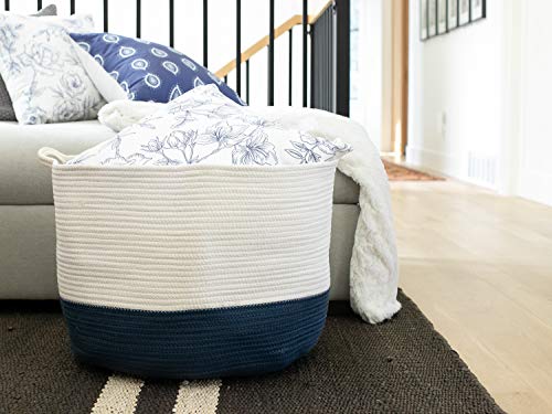 Chloe and Cotton XXXL Extra Large Woven Rope Storage Basket 15 x 21 inch Navy White Handles | Decorative Laundry Clothes Hamper, Blanket, Towel, Baby Nursery Diaper, Toy Bin Cute Collapsible Organizer