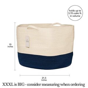 Chloe and Cotton XXXL Extra Large Woven Rope Storage Basket 15 x 21 inch Navy White Handles | Decorative Laundry Clothes Hamper, Blanket, Towel, Baby Nursery Diaper, Toy Bin Cute Collapsible Organizer