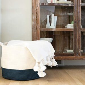 Chloe and Cotton XXXL Extra Large Woven Rope Storage Basket 15 x 21 inch Navy White Handles | Decorative Laundry Clothes Hamper, Blanket, Towel, Baby Nursery Diaper, Toy Bin Cute Collapsible Organizer