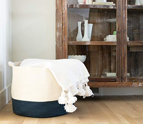 Chloe and Cotton XXXL Extra Large Woven Rope Storage Basket 15 x 21 inch Navy White Handles | Decorative Laundry Clothes Hamper, Blanket, Towel, Baby Nursery Diaper, Toy Bin Cute Collapsible Organizer