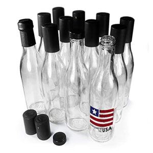 woozy bottles empty 12.7 oz complete sets of premium commercial grade clear glass dasher woozy bottle shrink capsule with gold tear tab leak proof screw cap (black 12 sets) - 12 oz