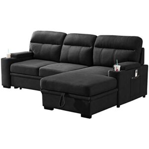 lilola home kaden black fabric sleeper sectional sofa chaise with storage arms and cupholder