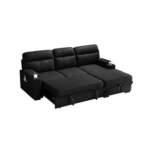 Lilola Home Kaden Black Fabric Sleeper Sectional Sofa Chaise with Storage Arms and Cupholder