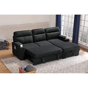 Lilola Home Kaden Black Fabric Sleeper Sectional Sofa Chaise with Storage Arms and Cupholder