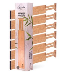bamboo drawer dividers organizers 6-pack (12"-17") adjustable spring loaded drawer divider expandable drawer organizer utensil separators for kitchen, bedroom, dresser, office, baby drawers, closet