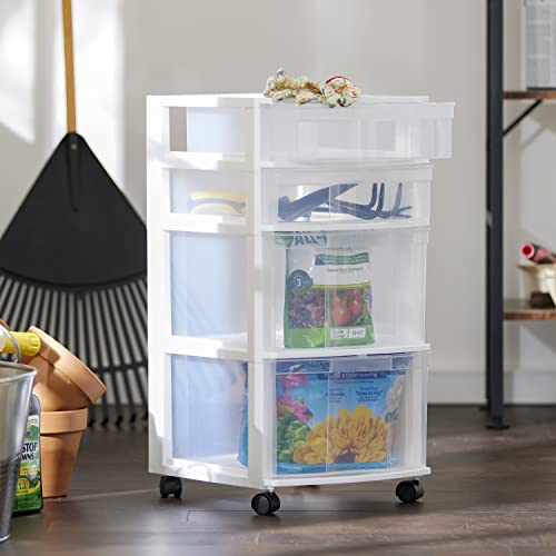 Gracious Living Resin Clear 4 Drawer Storage Chest System with Removable Rolling Casters for Garage, Basement, Utility Room, and Laundry Room, White