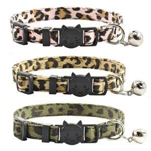 breakaway cat collars with bell, set of 3, durable & safe cute kitten collars safety adjustable kitty collar for cat puppy 7.5-11in (leopard)