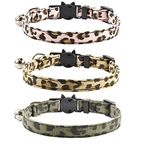 Breakaway Cat Collars with Bell, Set of 3, Durable & Safe Cute Kitten Collars Safety Adjustable Kitty Collar for Cat Puppy 7.5-11in (Leopard)