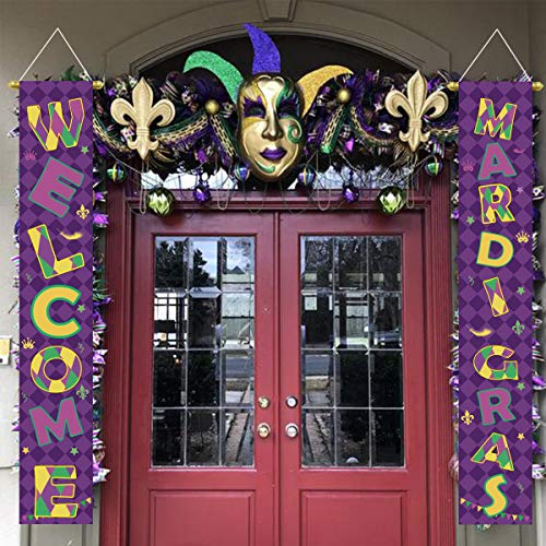 Mardi Gras Party Decorations Porch Sign Hanging Backdrop Banner - Carnival Birthday Party Supplies Photo Booth Prop Masquerade Wall Decoration Indoor/Outdoor