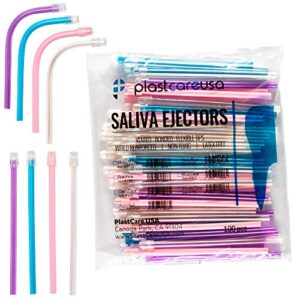 1000 dental saliva ejectors disposable - medical grade latex free evacuation suction tips - flexible tube with tip in assorted colors (10 bags of 100) by plastcare usa