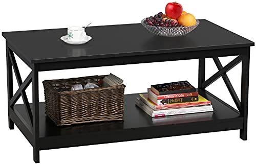 Yaheetech Wood 2-Tier Black Coffee Table with Storage Shelf for Living Room, X Design Accent Cocktail Table, Easy Assembly Home Furniture, 39.5 x 21.5 x 18 Inches