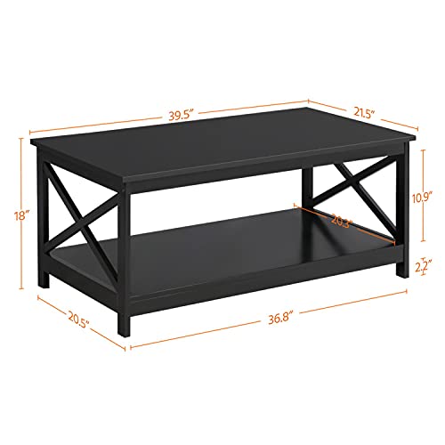 Yaheetech Wood 2-Tier Black Coffee Table with Storage Shelf for Living Room, X Design Accent Cocktail Table, Easy Assembly Home Furniture, 39.5 x 21.5 x 18 Inches