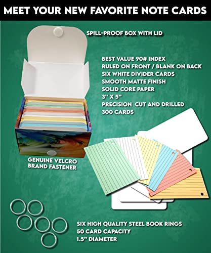 300 ruled index cards with rings (3" x 5") in 6 colors, with storage box. Ideal for students, teachers, note-taking, and language learning. Made in USA.