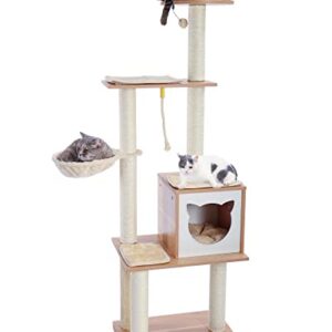 Made4Pets Cat Tree Cat Tower for Indoor Cats 65.6 Inches Modern Wood Cat Condo with Scratching Post for Large Cats Climbing, Multi-Level Tall Cat Tower Tree House with Hammock for Kitten Play and Rest