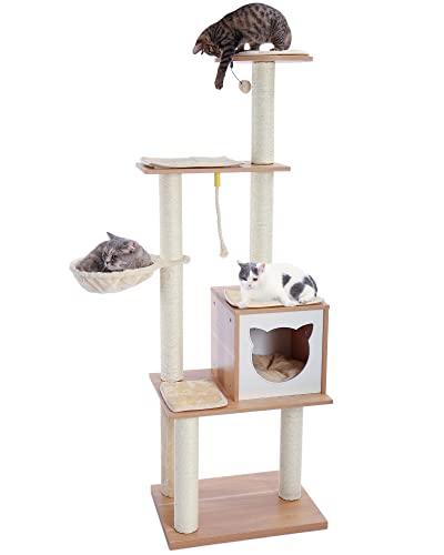 Made4Pets Cat Tree Cat Tower for Indoor Cats 65.6 Inches Modern Wood Cat Condo with Scratching Post for Large Cats Climbing, Multi-Level Tall Cat Tower Tree House with Hammock for Kitten Play and Rest