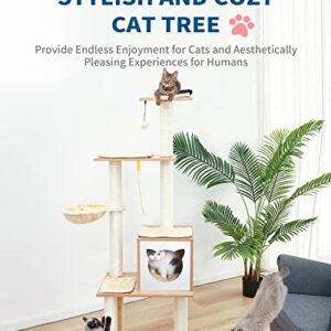 Made4Pets Cat Tree Cat Tower for Indoor Cats 65.6 Inches Modern Wood Cat Condo with Scratching Post for Large Cats Climbing, Multi-Level Tall Cat Tower Tree House with Hammock for Kitten Play and Rest