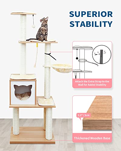 Made4Pets Cat Tree Cat Tower for Indoor Cats 65.6 Inches Modern Wood Cat Condo with Scratching Post for Large Cats Climbing, Multi-Level Tall Cat Tower Tree House with Hammock for Kitten Play and Rest