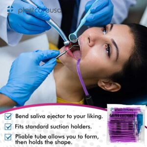 1000 Dental Saliva Ejectors Disposable - Medical Grade Latex Free Evacuation Suction Tips - Flexible Purple Tube with Purple Tip in (10 Bags of 100) by PlastCare USA