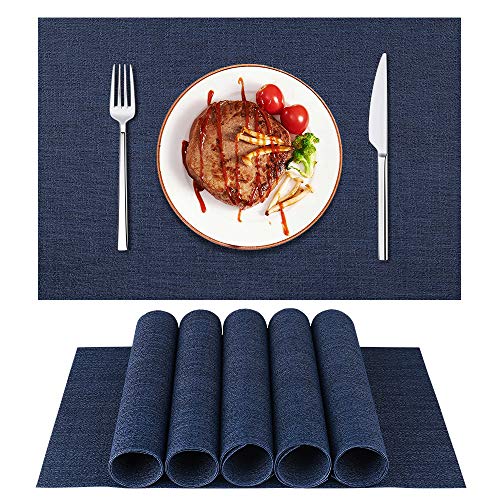 LIFEWEAR Placemat Set of 6,Woven Placemats,Outdoor/Indoor Place Mats,Vinyl/Plastic Placemats, Washable Placemats,Table Placemats Set of 6（Dark Blue）