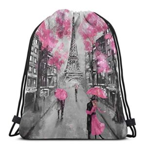 drawstring bags art paris street eiffel tower pink floral storage laundry bags pouch bag drawstring backpack bag washable dust-proof breathable non-transparent travel sport gym sackpack for men women