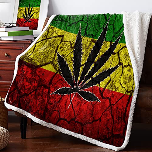 Rasta Flag Sherpa Flannel Throw Blankets Thick Reversible Plush Fleece Blanket for Bed Couch Sofa Decor Leaf on Crack Soil Texture,Ultra Soft Comfy Warm Fuzzy TV Blanket 40x50Inch