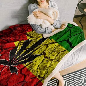 Rasta Flag Sherpa Flannel Throw Blankets Thick Reversible Plush Fleece Blanket for Bed Couch Sofa Decor Leaf on Crack Soil Texture,Ultra Soft Comfy Warm Fuzzy TV Blanket 40x50Inch
