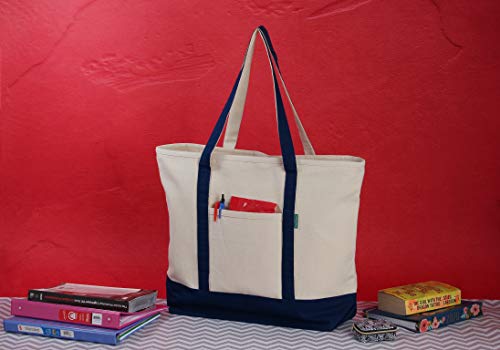 Heavy Duty Cotton Canvas Reusable Tote Bag with with an External Pocket and Top Zipper Closure