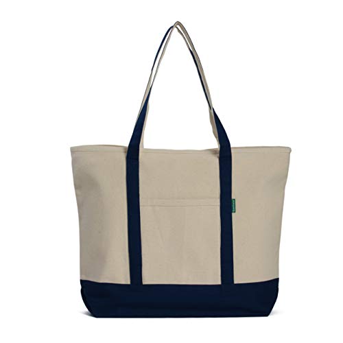 Heavy Duty Cotton Canvas Reusable Tote Bag with with an External Pocket and Top Zipper Closure