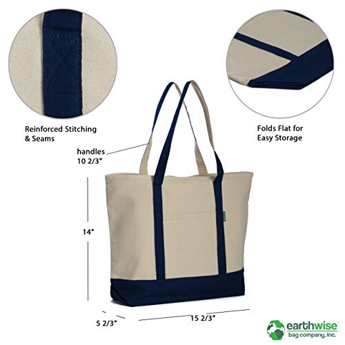 Heavy Duty Cotton Canvas Reusable Tote Bag with with an External Pocket and Top Zipper Closure