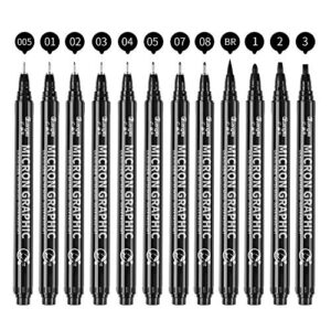 guangna black micro-pen fineliner ink pens,waterproof archival ink fine point micro drawing pens for art watercolor, sketching, multiliner, anime(set of 12)