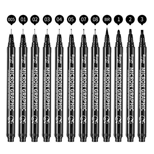 Guangna Black Micro-Pen Fineliner Ink Pens,Waterproof Archival Ink Fine Point Micro Drawing Pens for Art Watercolor, Sketching, Multiliner, Anime(Set of 12)