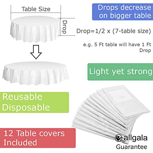 allgala 12-Pack Premium Plastic Table Cover Medium Weight Disposable Tablecloth-12PK Round 84"-White -TC58501