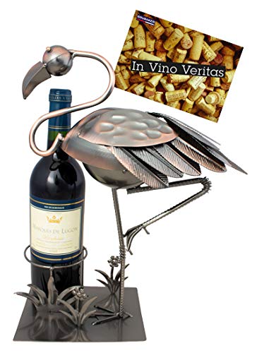 BRUBAKER Wine Bottle Holder 'Flamingo' - Table Top Metal Sculpture - with Greeting Card