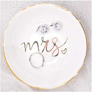 Quany Life Mrs Jewelry Dish Ceramic Ring Trinket Tray Wedding Gift for Bride Desk Storage for Mrs Engaged Gifts Mr Mrs Gold Engagement Gifts Friend