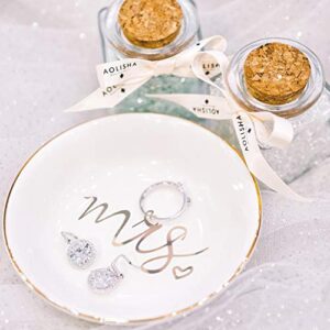 Quany Life Mrs Jewelry Dish Ceramic Ring Trinket Tray Wedding Gift for Bride Desk Storage for Mrs Engaged Gifts Mr Mrs Gold Engagement Gifts Friend