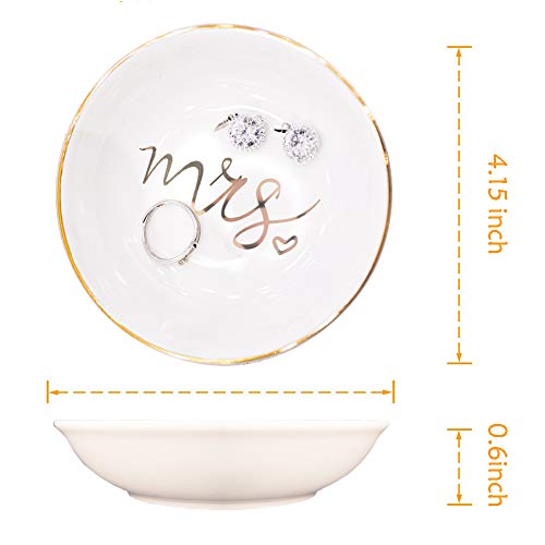 Quany Life Mrs Jewelry Dish Ceramic Ring Trinket Tray Wedding Gift for Bride Desk Storage for Mrs Engaged Gifts Mr Mrs Gold Engagement Gifts Friend