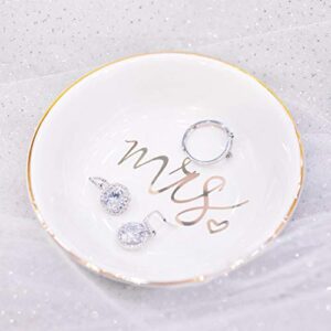 Quany Life Mrs Jewelry Dish Ceramic Ring Trinket Tray Wedding Gift for Bride Desk Storage for Mrs Engaged Gifts Mr Mrs Gold Engagement Gifts Friend