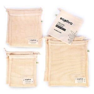 ecotiva Organic Reusable Produce Bags - Cotton Produce Bags - Cotton Mesh Produce Bags - Mesh Produce Bags Grocery Reusable - Mesh Bags For Produce