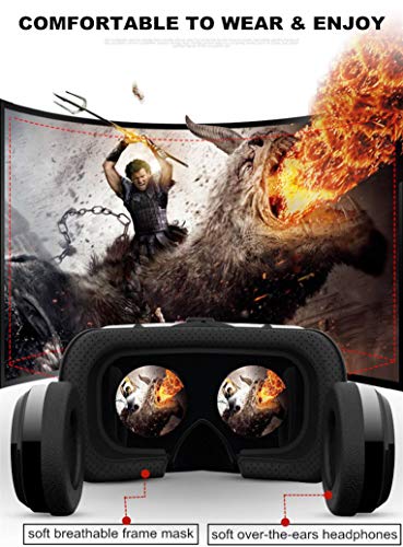 VR Glass Virtual Reality Headset w/ Remote & Headphone for iPhone 11 Pro XS XR X 8 7 6 S +, Samsung Galaxy S10 E S9 S8 S7 S6 Edge, 3D VR Goggle for 3D Movie & Game for iOS & Android Smartphone, Black