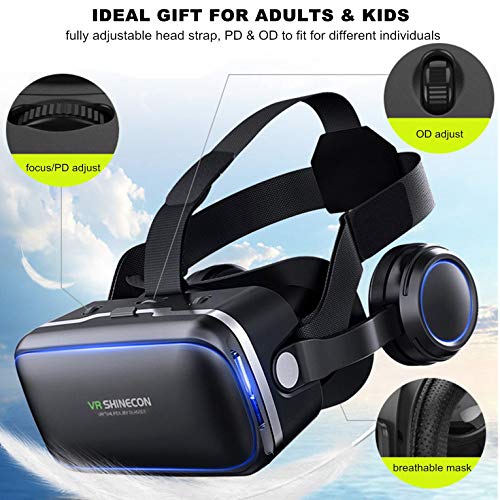 VR Glass Virtual Reality Headset w/ Remote & Headphone for iPhone 11 Pro XS XR X 8 7 6 S +, Samsung Galaxy S10 E S9 S8 S7 S6 Edge, 3D VR Goggle for 3D Movie & Game for iOS & Android Smartphone, Black